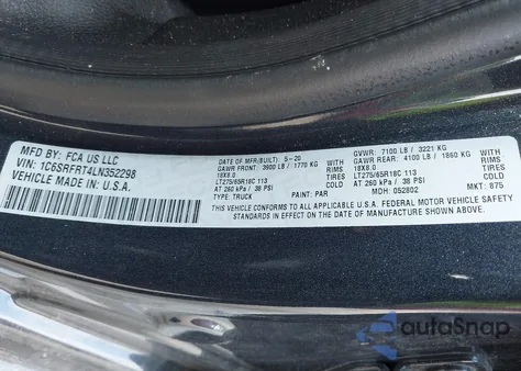 2020 Ram 1500 Laramie 4X4 6'4 Box from USA, damaged, VIN 1C6SRFRT4LN352298